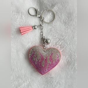 Pink and Silver Flaming Heart Rhinestone Keychain Bag Charm